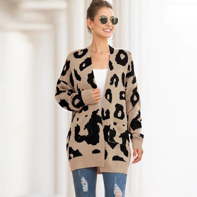 Cardigan Supplier - OEM Winter Leopard Jacquard Open Front Coat