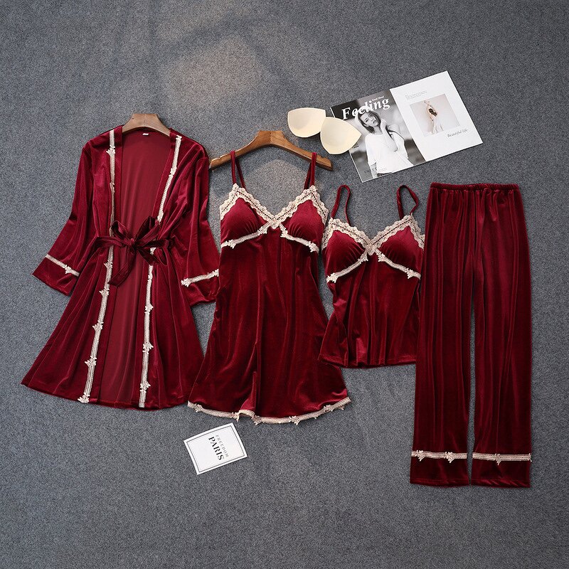 Pajamas Set Factory - OEM Gold Velvet 4 Pieces Lace Robe