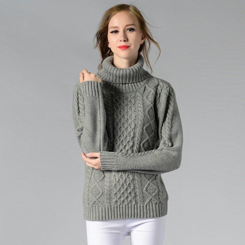 Pullover Sweater Factory - OEM Women's High Collar Thick Line Twist