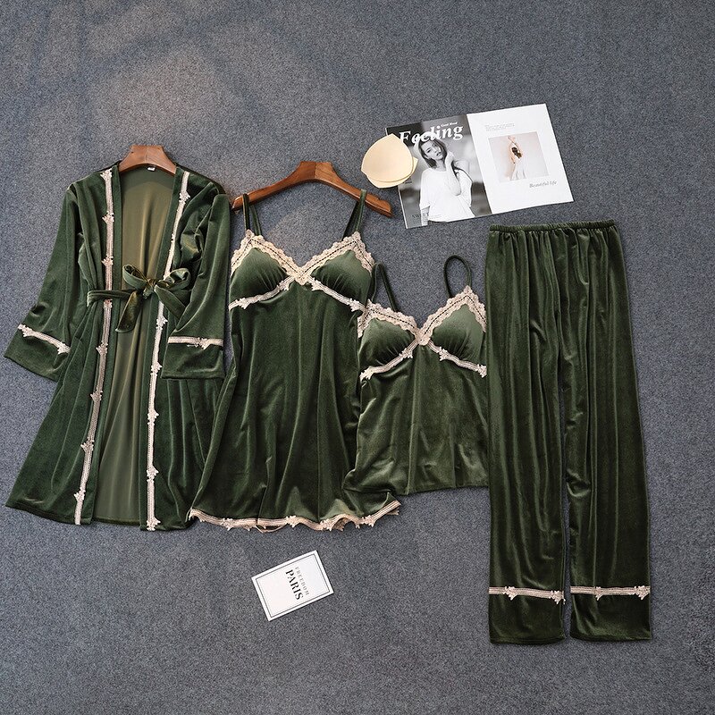 Pajamas Set Factory - OEM Gold Velvet 4 Pieces Lace Robe