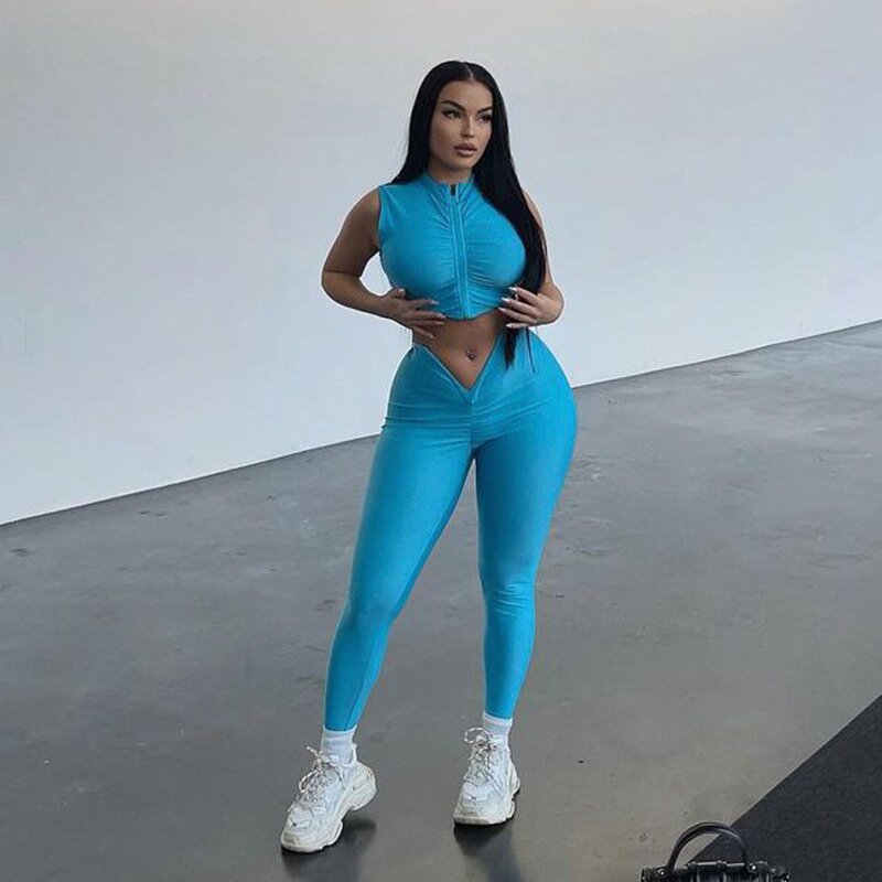 Sports Set Manufacturer - OEM Sleeveless Zipper Top Long Pants