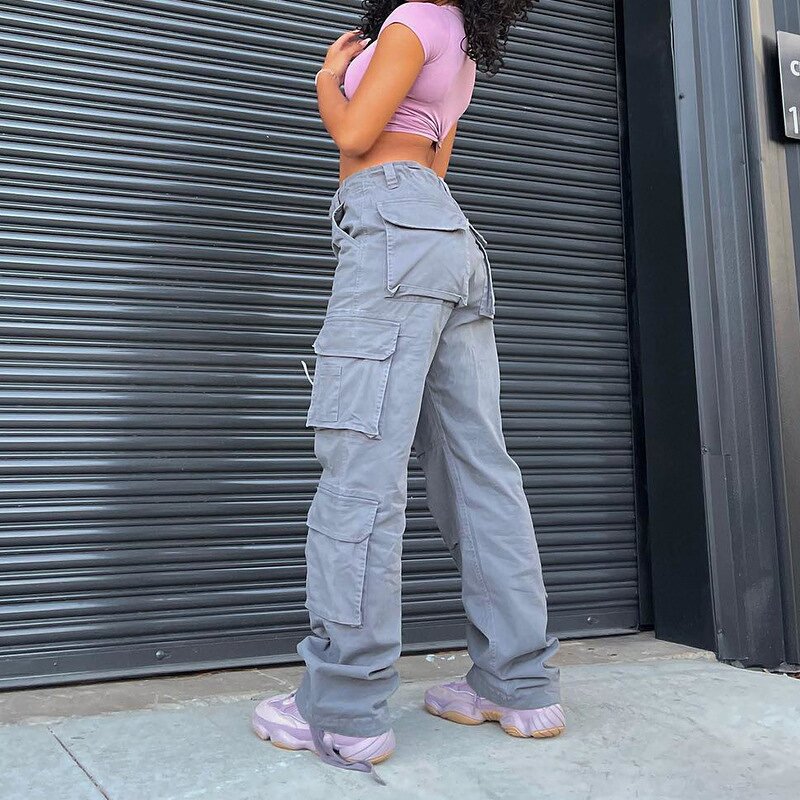 Women's Cargo Jeans Factory - Baggy Wide Leg Zipper Fly High Rise Pockets