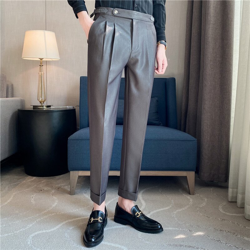 Men's Formal Pants Factory - Solid Color High Waisted Straight Leg Slim