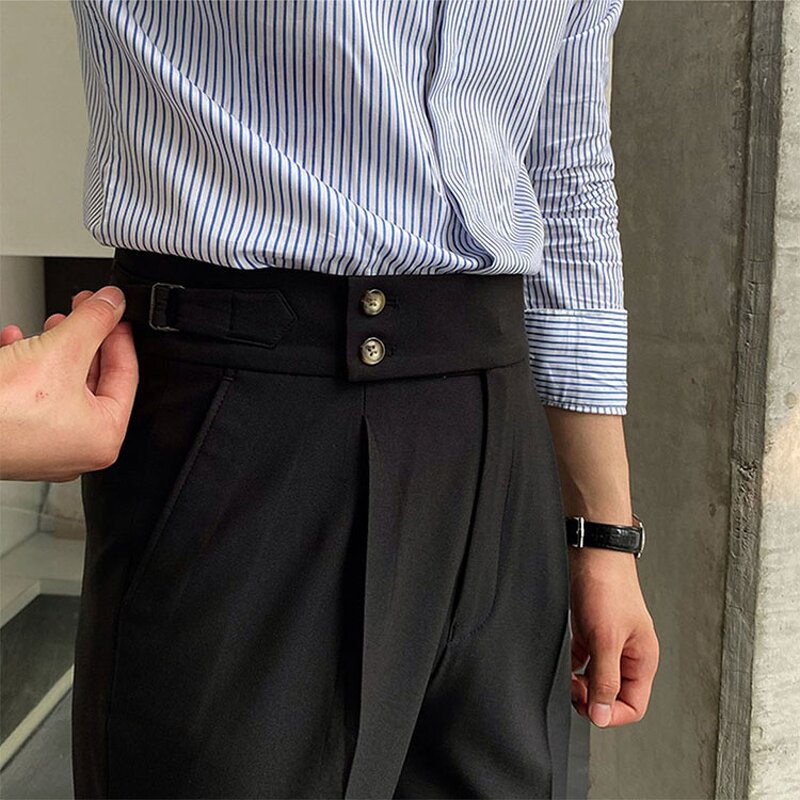 Men's Office Pants Factory - Casual Business Double Buckle Black Trousers