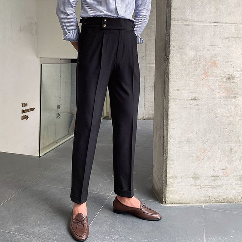 Men's Office Pants Factory - Casual Business Double Buckle Black Trousers