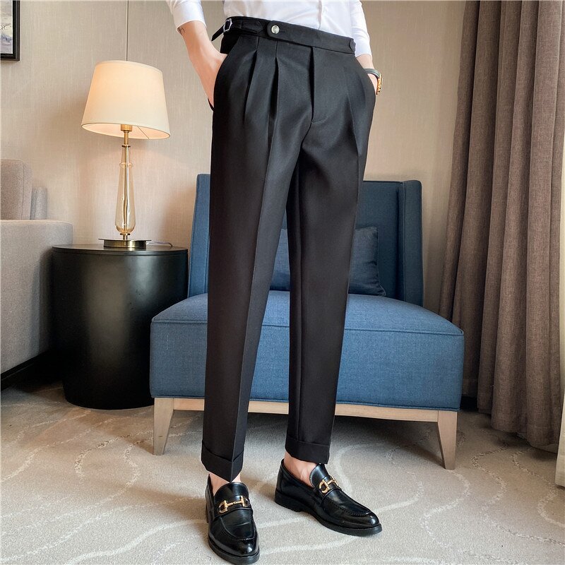 Men's Formal Pants Factory - Solid Color High Waisted Straight Leg Slim
