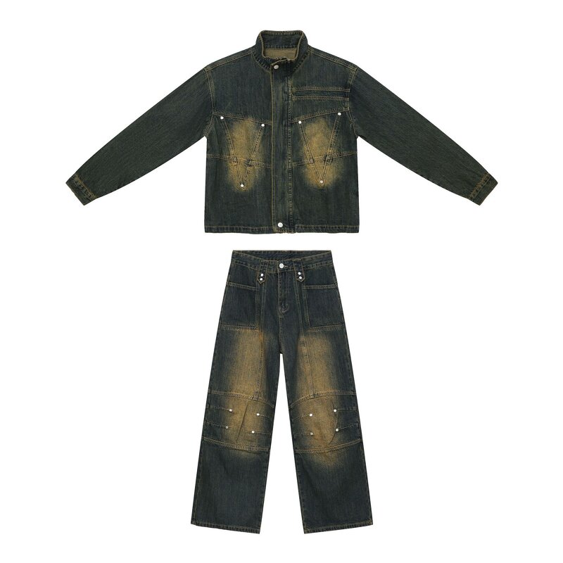 Denim Jacket Set Factory - American Retro Short Cleanfit Slim Fit 2-piece