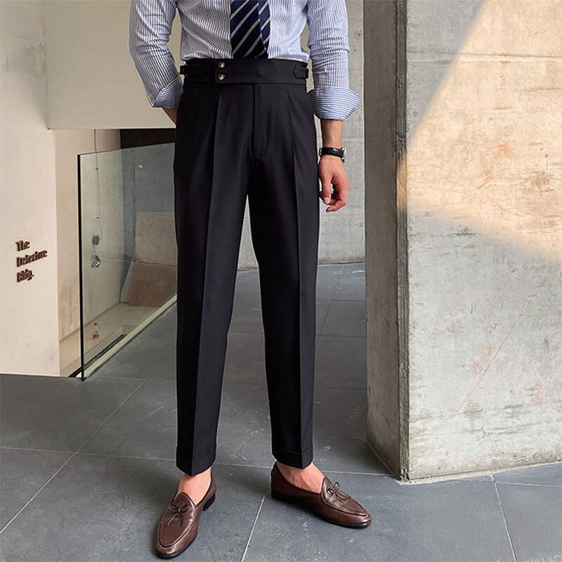 Men's Office Pants Factory - Casual Business Double Buckle Black Trousers