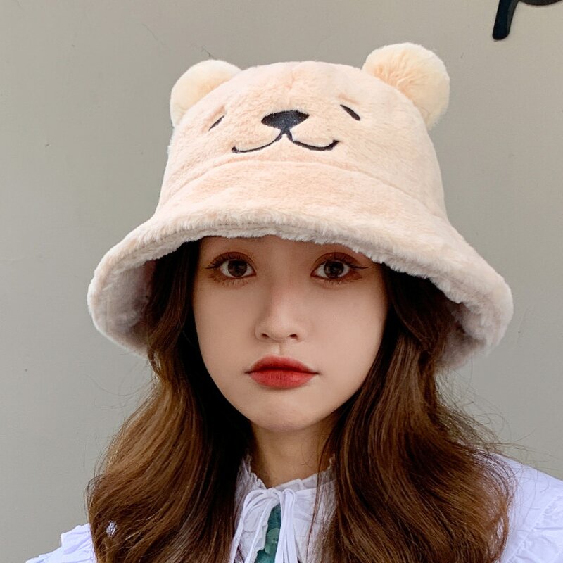 Bucket Hat Factory - OEM Women's Plush Bear Face Embroidery Pompom