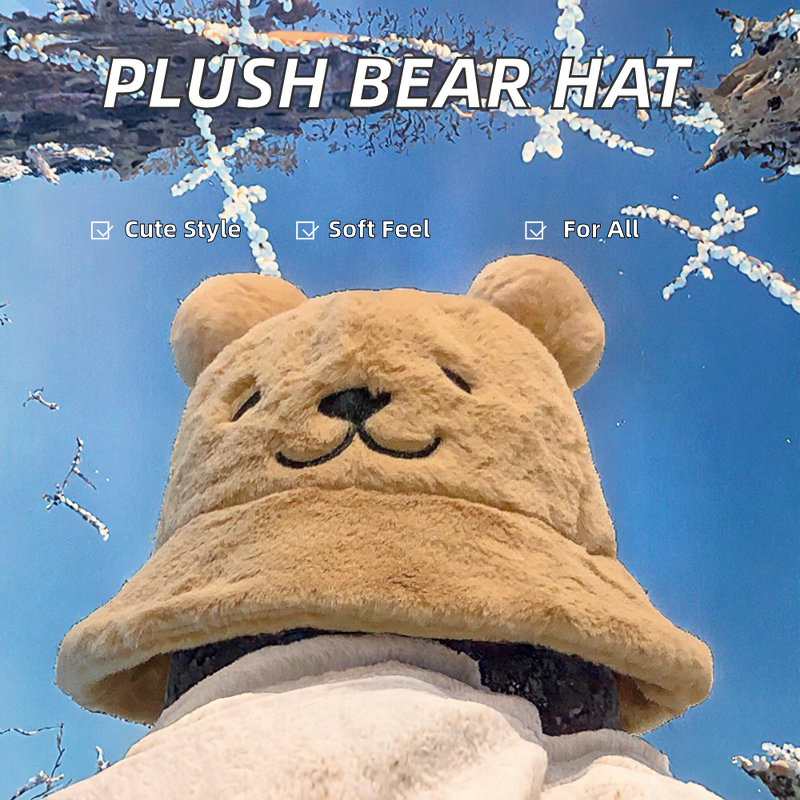 Bucket Hat Factory - OEM Women's Plush Bear Face Embroidery Pompom