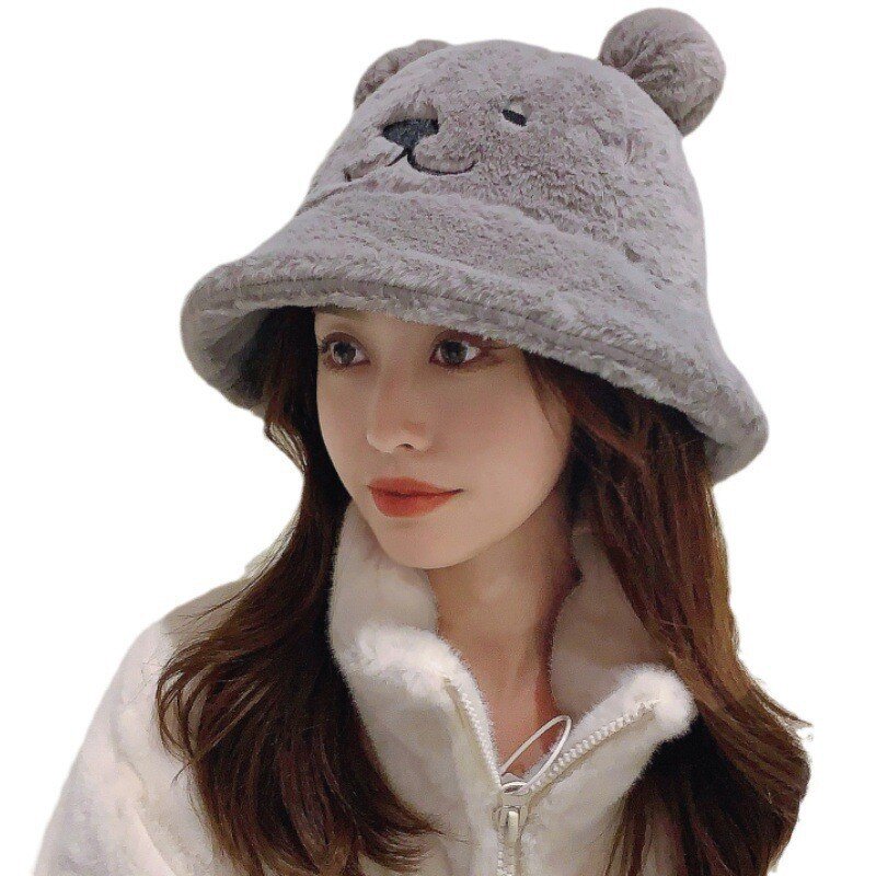 Bucket Hat Factory - OEM Women's Plush Bear Face Embroidery Pompom