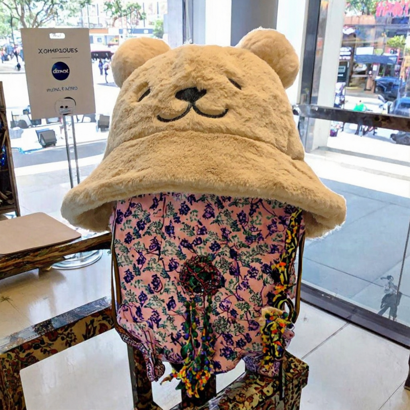 Bucket Hat Factory - OEM Women's Plush Bear Face Embroidery Pompom