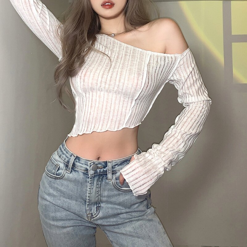 T-Shirt Supplier - OEM Cheap Women Long Sleeve Off Shoulder Hip