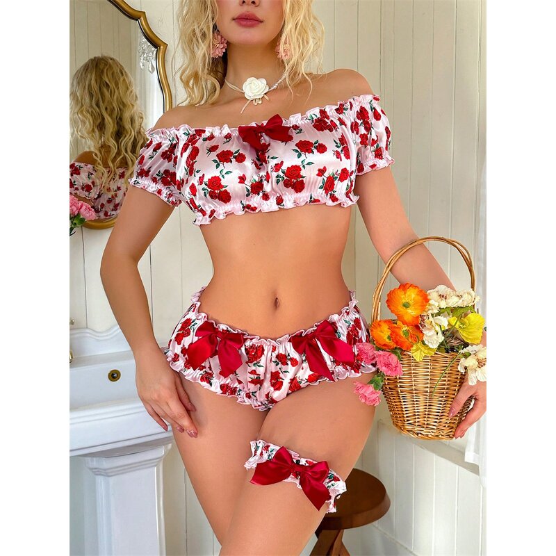 Sleepwear Set Manufacturer - OEM A3503 Women's Rose Flower Short Set