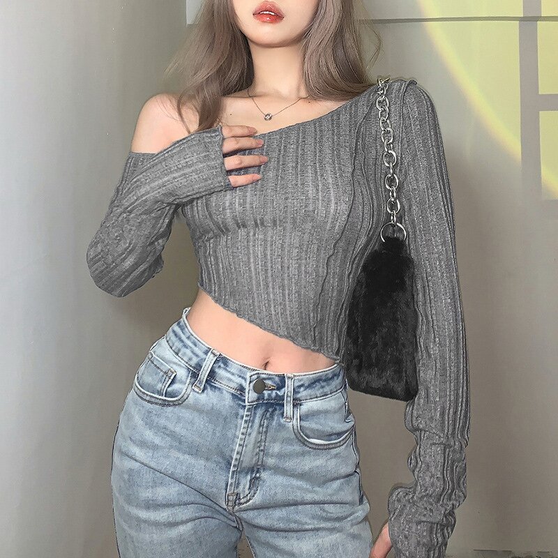 T-Shirt Supplier - OEM Cheap Women Long Sleeve Off Shoulder Hip