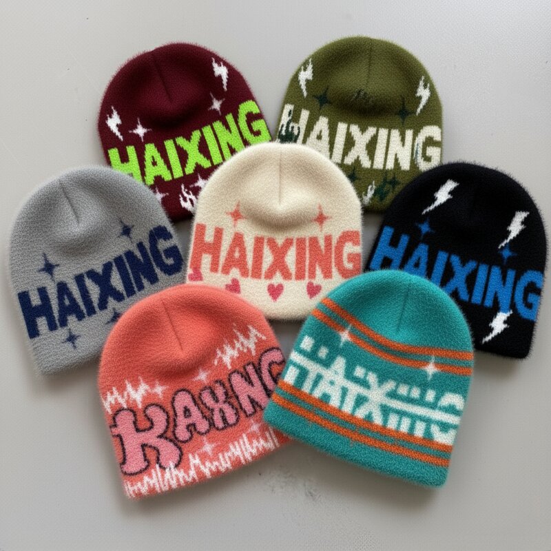 Winter Beanie Supplier - Bulk Custom Letter Jacquard Fuzzy Mohair Hat