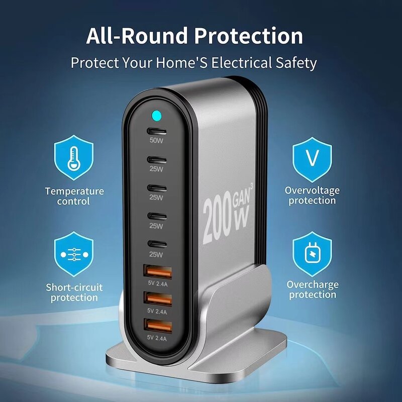 Charger Supplier - 200W Aluminium Alloy GaN MultiPort High Power Adapter