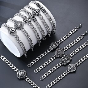 Chain Bracelet Factory - Stainless Steel Cuban Link Punk Skull Cross Charm