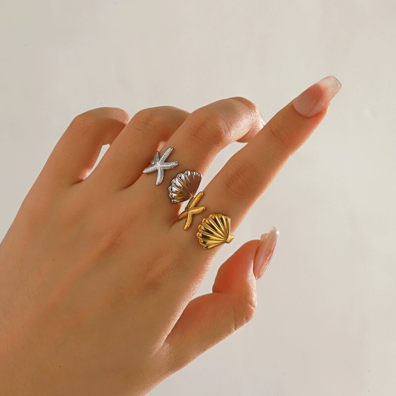 Seashell Ring Factory - Stainless Steel Starfish Sea Shell 18K Gold Seashell