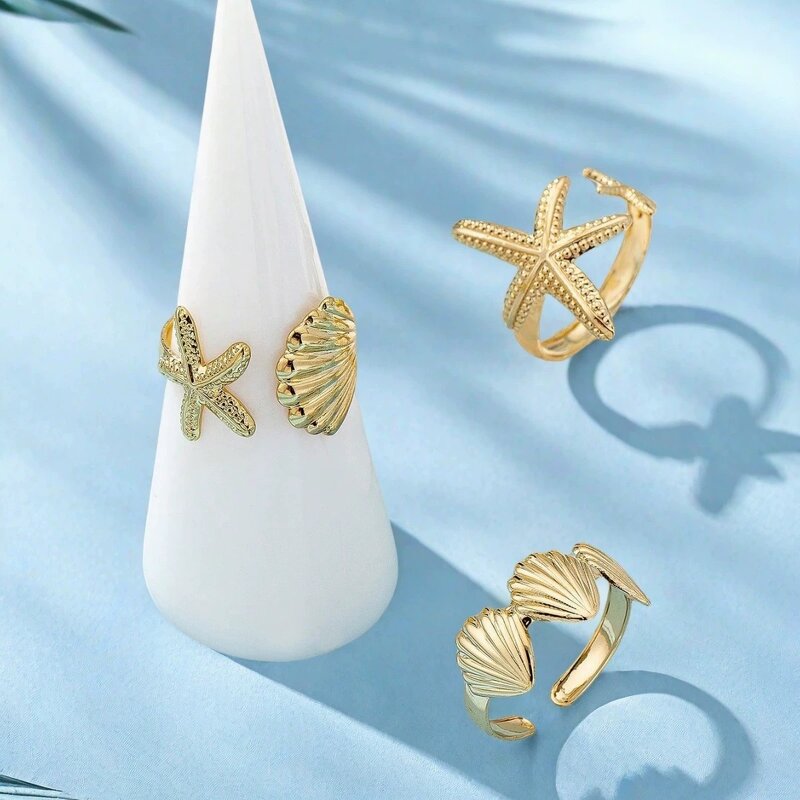 Seashell Ring Factory - 3PCS/SET Starfish Sea Shell 18K Gold Seashell Open