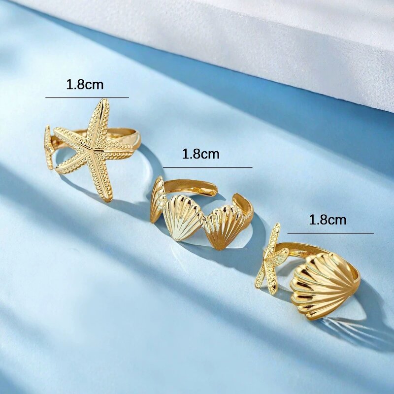 Seashell Ring Factory - 3PCS/SET Starfish Sea Shell 18K Gold Seashell Open