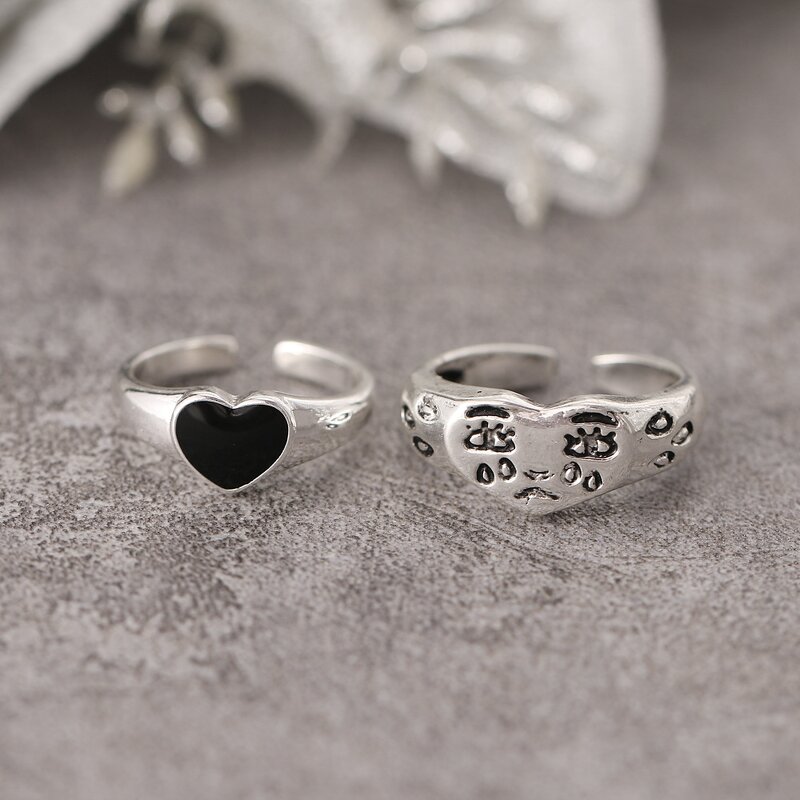 Heart Ring Factory - Antique Silver Plated Cry Sad Face Black Heart Open