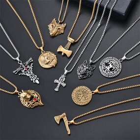 Pendant Necklace Factory - 316L Stainless Steel Retro Punk Wolf Head Cross Charm