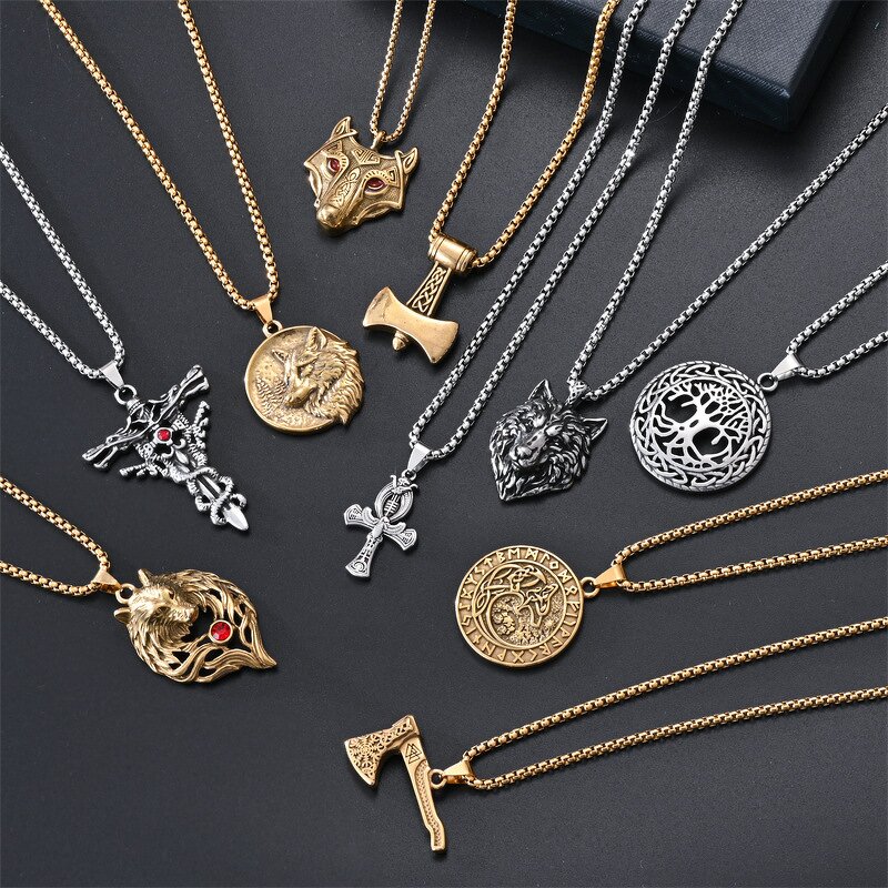 Pendant Necklace Factory - 316L Stainless Steel Retro Punk Wolf Head Cross Charm