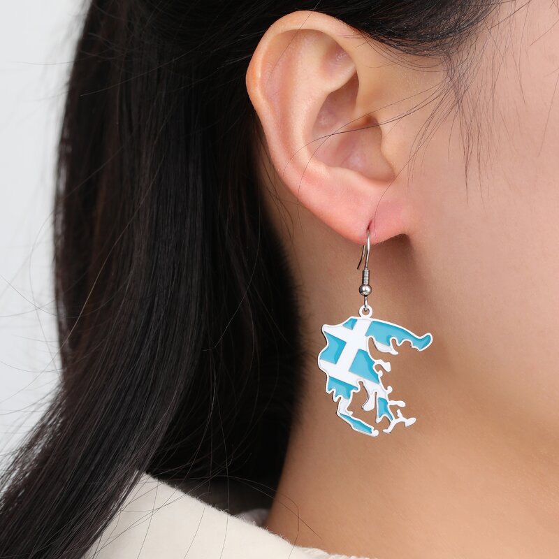 Country Flag Earrings Factory - Waterproof Stainless Steel Enamel Greece Flag Map