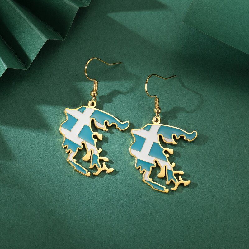 Country Flag Earrings Factory - Waterproof Stainless Steel Enamel Greece Flag Map