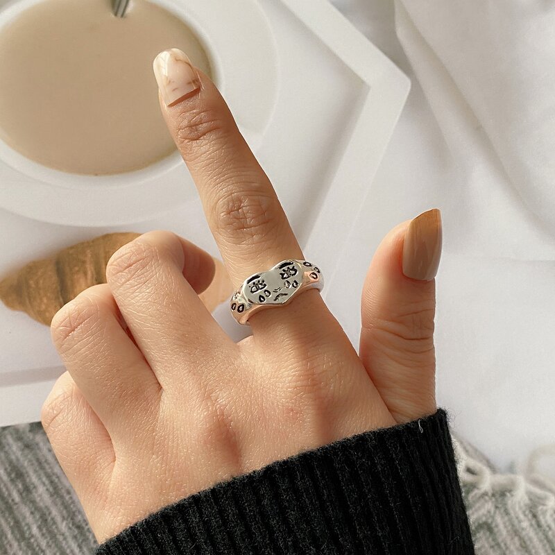 Heart Ring Factory - Antique Silver Plated Cry Sad Face Black Heart Open