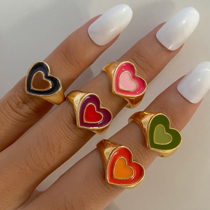 Enamel Ring Set Factory - Fashion Silver Gold Plated Colored Heart Shape Open
