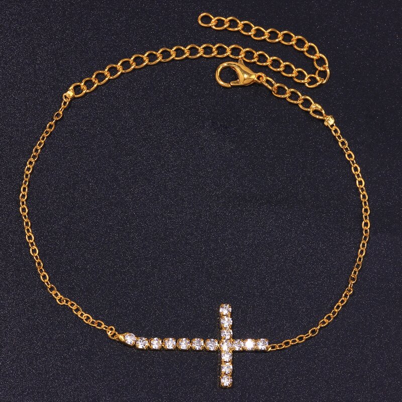 Cross Anklet Factory - Lady Silver 18k Gold Crystal Cross Charm Zircon Link Chain