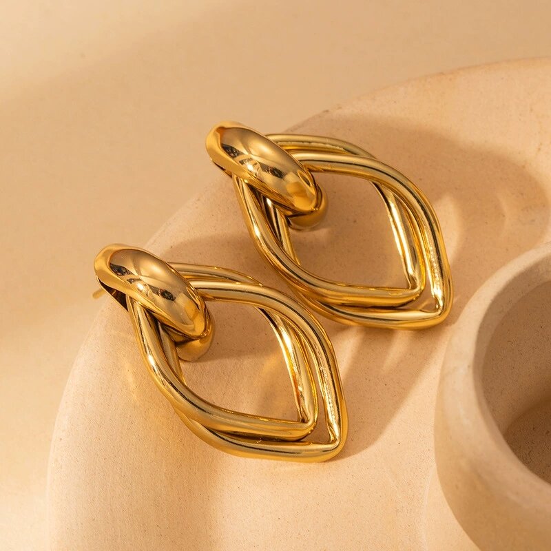 Hoop Earrings Factory - Waterproof 18K Gold Plated Geometric Diamond Leaf Drop