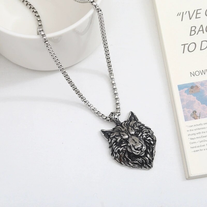 Pendant Necklace Factory - 316L Stainless Steel Retro Punk Wolf Head Cross Charm