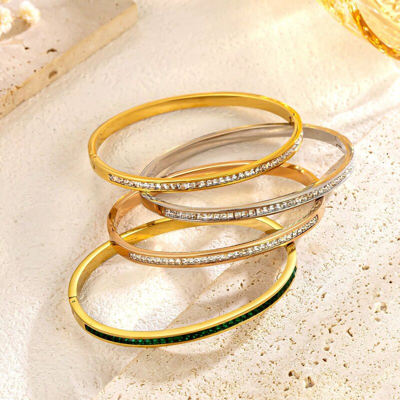 Cuff Bangle Factory - 4mm 18K Gold Plated Stainless Steel Zircon Open Bracelet