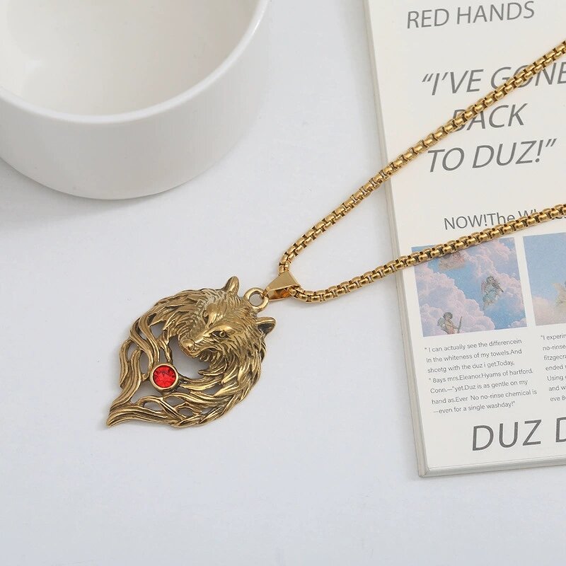 Pendant Necklace Factory - 316L Stainless Steel Retro Punk Wolf Head Cross Charm