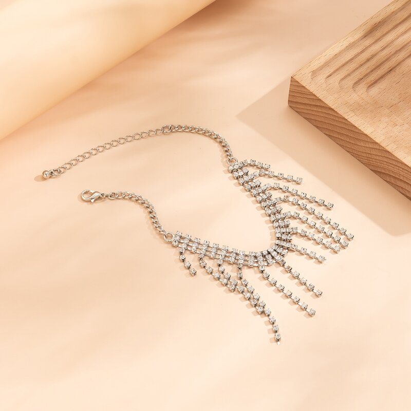 Tassel Anklet Factory - Lady Silver Tassel Rhinestones Crystal Zircon Summer Beach