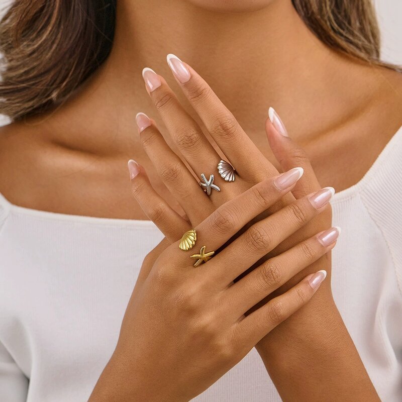Seashell Ring Factory - Stainless Steel Starfish Sea Shell 18K Gold Seashell