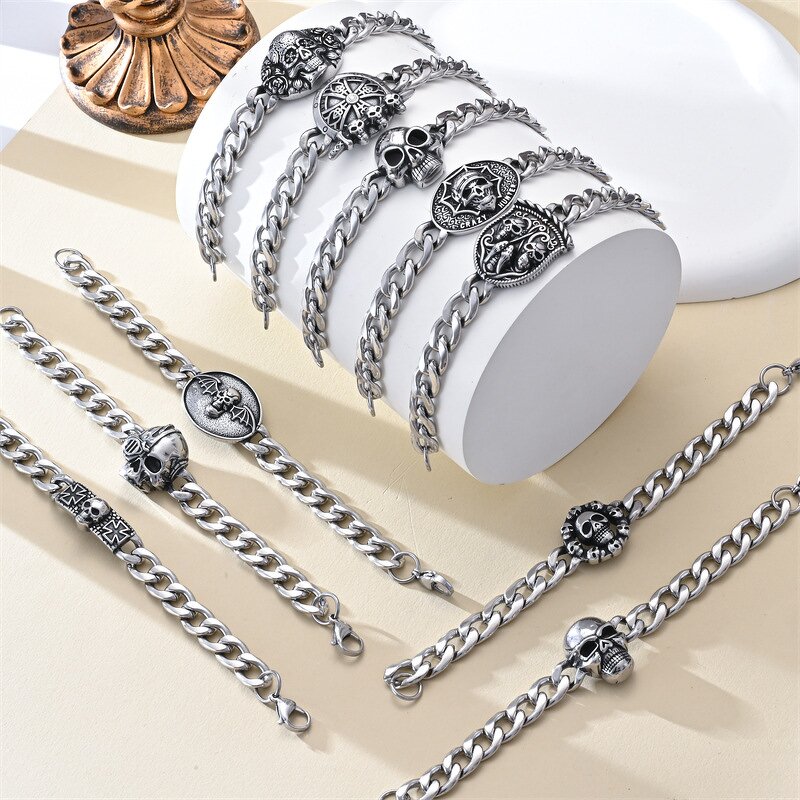 Chain Bracelet Factory - Stainless Steel Cuban Link Punk Skull Cross Charm