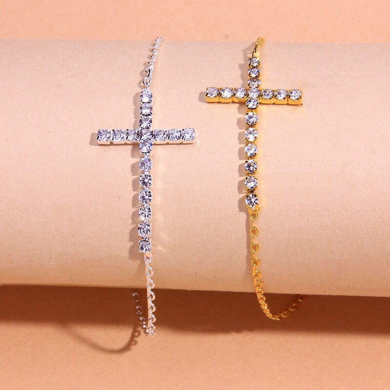Cross Anklet Factory - Lady Silver 18k Gold Crystal Cross Charm Zircon Link Chain