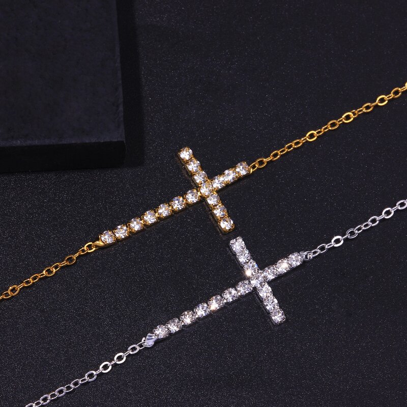 Cross Anklet Factory - Lady Silver 18k Gold Crystal Cross Charm Zircon Link Chain
