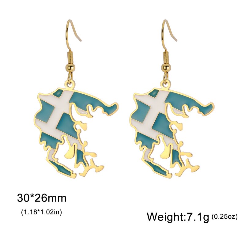 Country Flag Earrings Factory - Waterproof Stainless Steel Enamel Greece Flag Map
