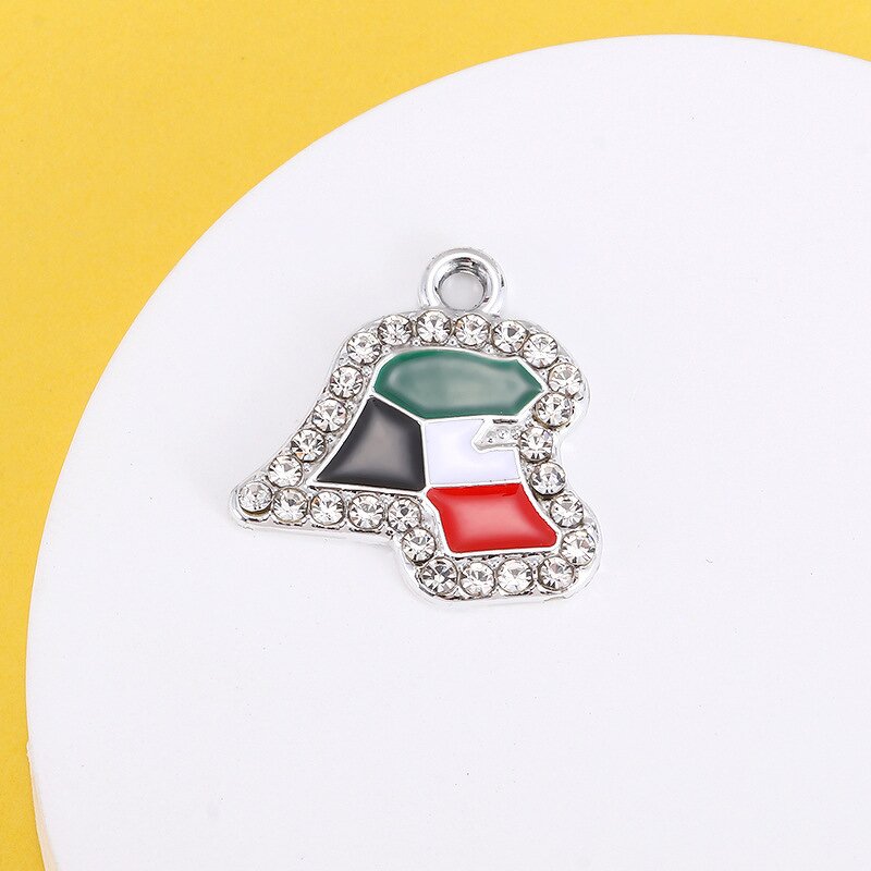 Kuwait Flag Charm Factory - Silver Enamel Kuwait Flag Rhinestone Crystal DIY
