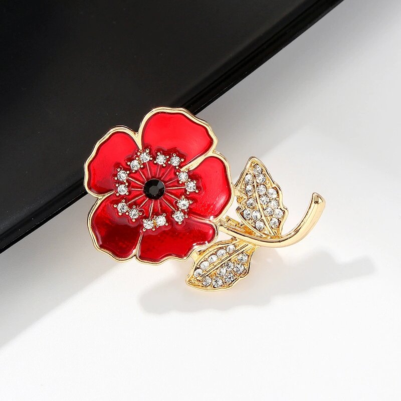Remembrance Pin Factory - Enamel Poppy Flower Lest We Forget Zircon Brooch Badge