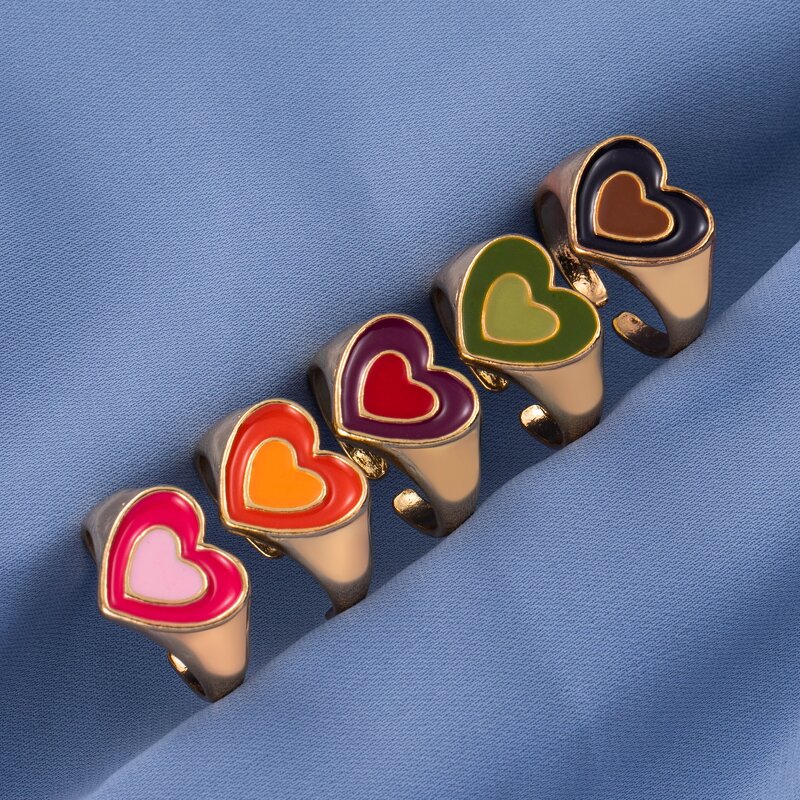 Enamel Ring Set Factory - Fashion Silver Gold Plated Colored Heart Shape Open