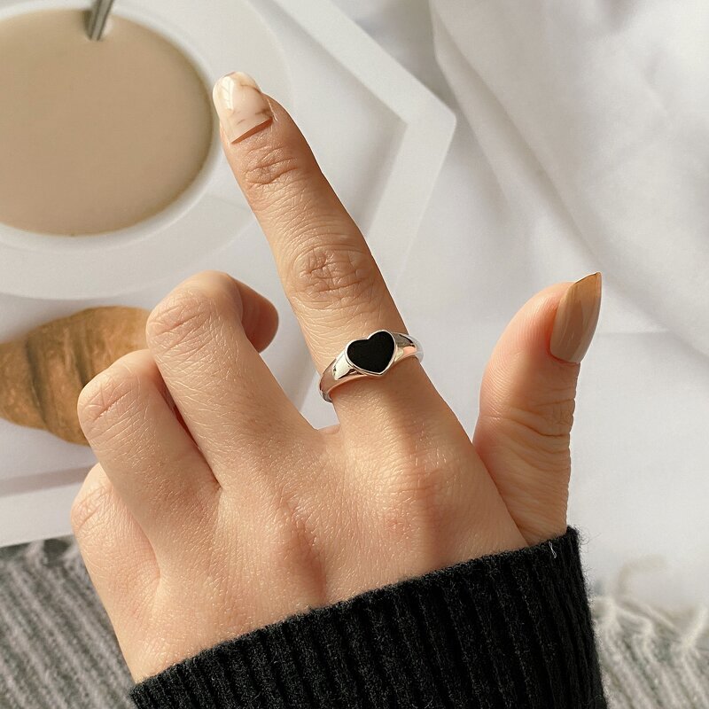 Heart Ring Factory - Antique Silver Plated Cry Sad Face Black Heart Open