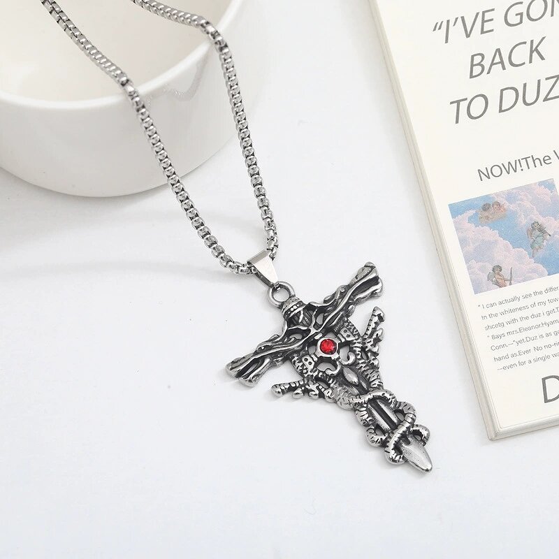 Pendant Necklace Factory - 316L Stainless Steel Retro Punk Wolf Head Cross Charm