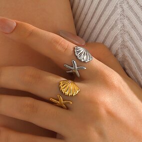 Seashell Ring Factory - Stainless Steel Starfish Sea Shell 18K Gold Seashell