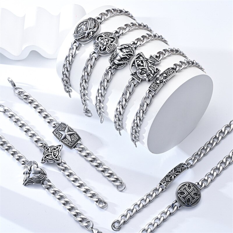 Chain Bracelet Factory - Stainless Steel Cuban Link Punk Skull Cross Charm